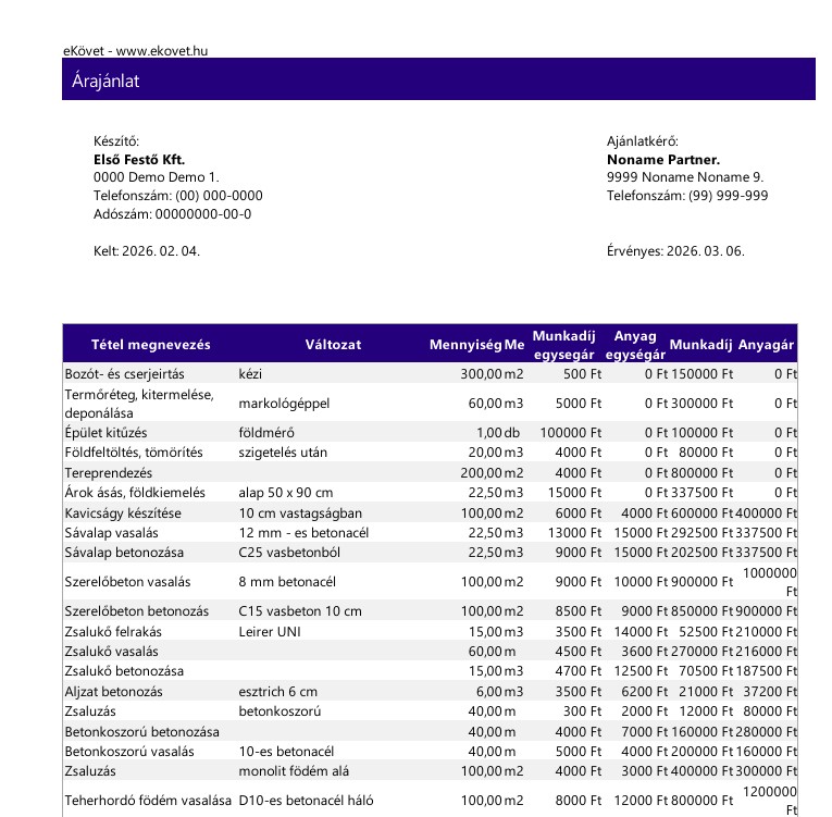 eKövet - árajánlat mintakép